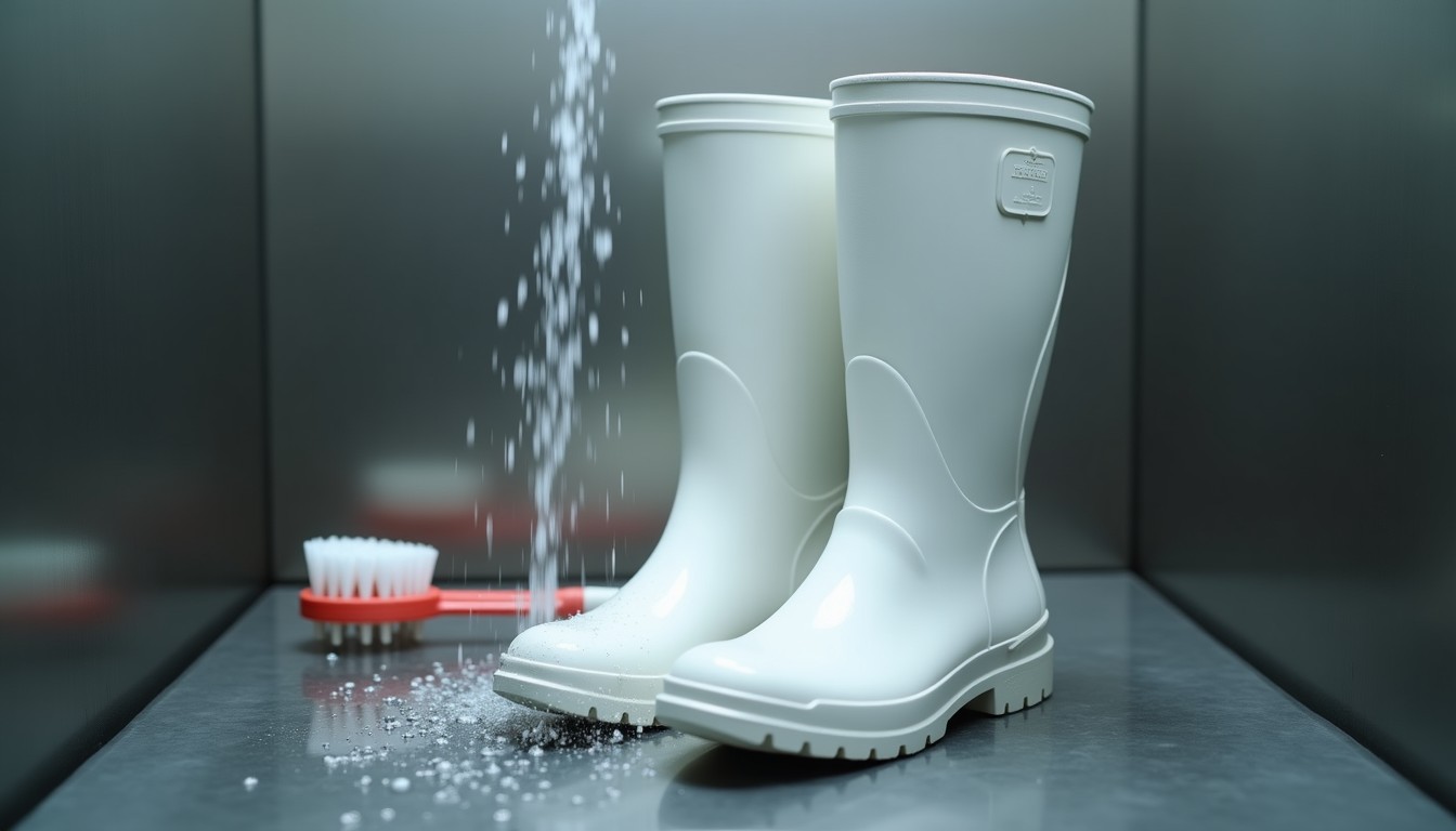 Higienização de bota branca de PVC em lavador industrial