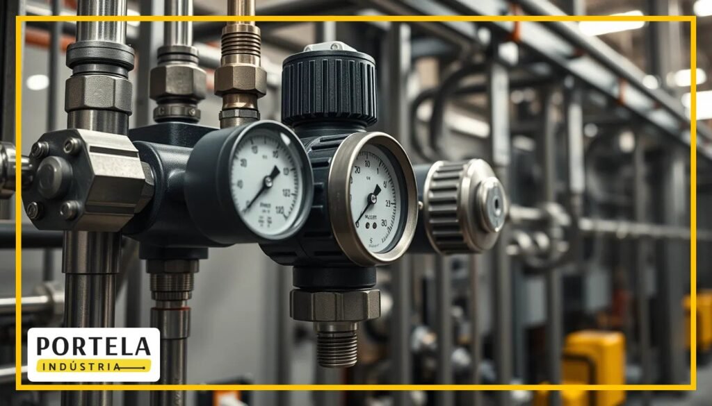 Filtro regulador de pressão instalado em linha de ar comprimido industrial