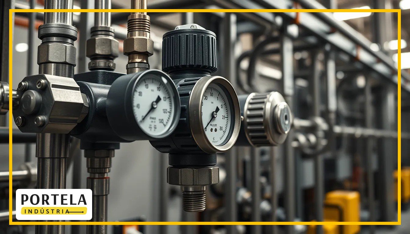 Filtro regulador de pressão instalado em linha de ar comprimido industrial