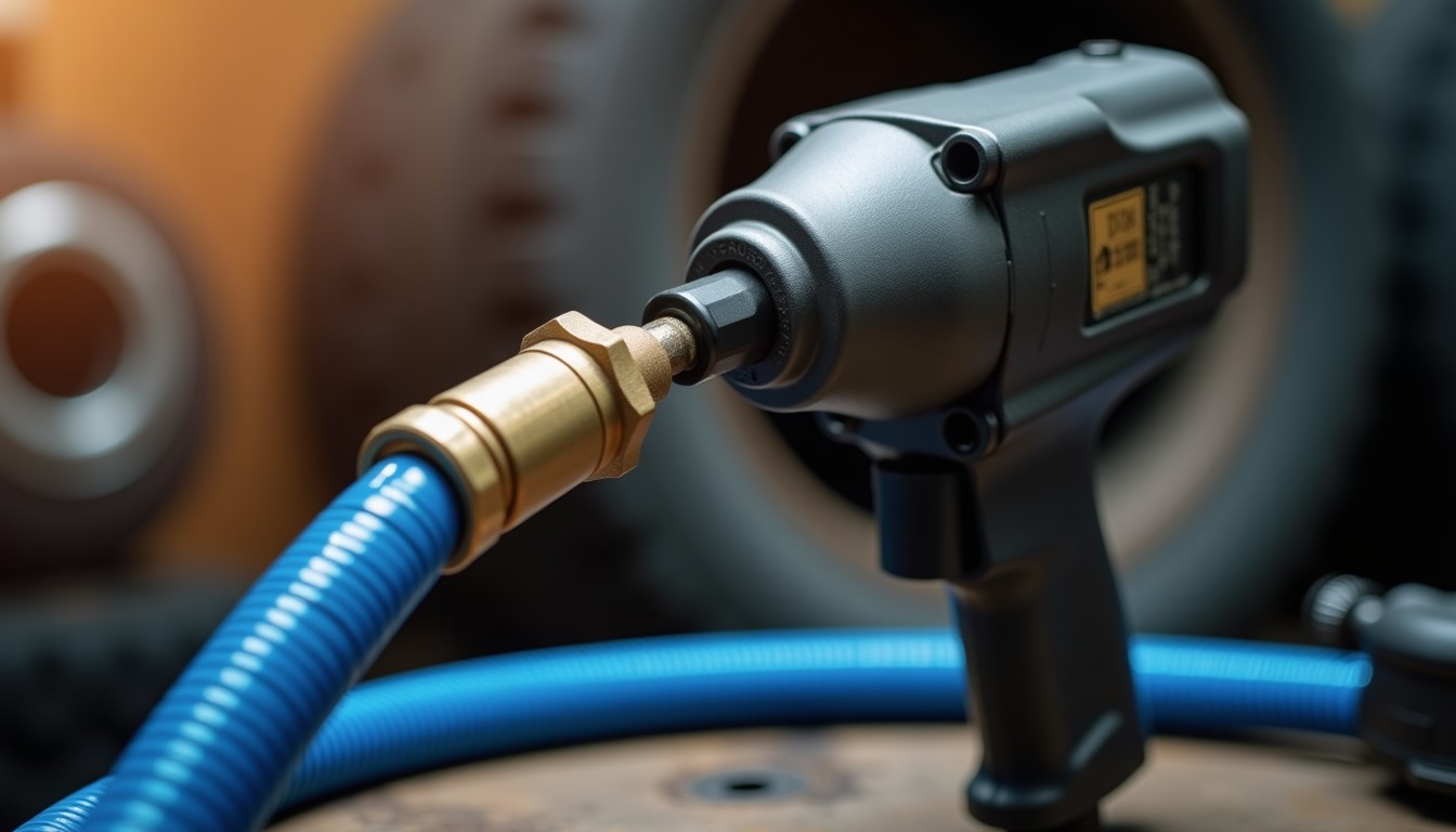 Chave de impacto pneumática conectada a mangueira espiralada de PU com engate de latão