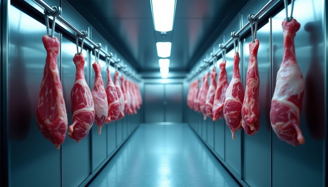 Câmara fria de açougue com trilhos de inox e carcaças penduradas