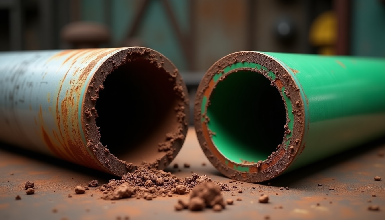 Tubo galvanizado enferrujado por dentro ao lado de tubo PPR novo