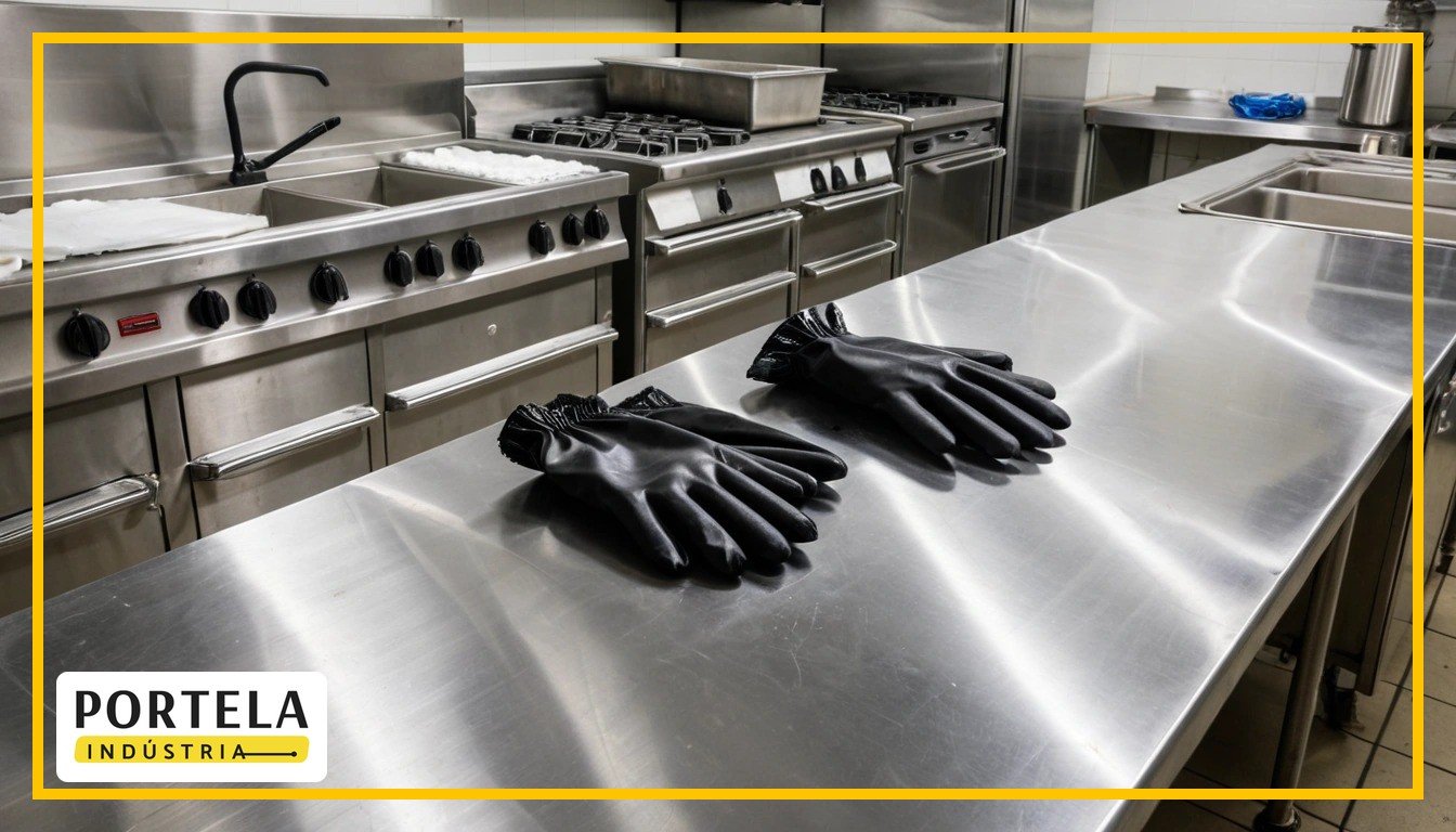 Luvas de proteção em nitrílica, látex e PVC lado a lado em bancada de inox de cozinha comercial
