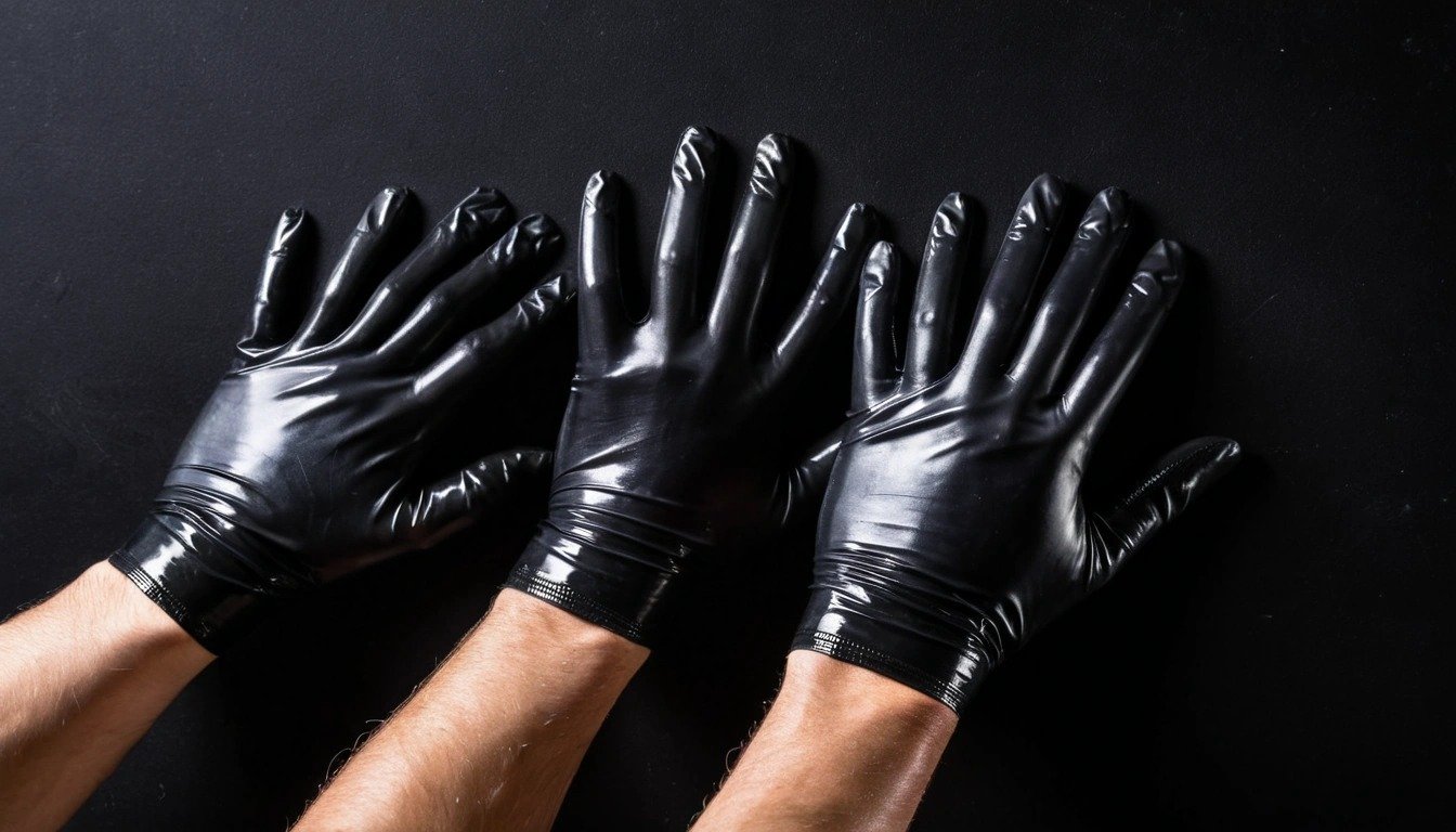 Luva nitrílica, látex e PVC lado a lado, mostrando textura e rigidez de cada material