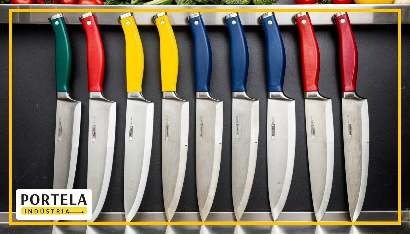 Conjunto de facas por cor de cabo, em vermelho, azul, verde, amarelo e branco, alinhadas sobre mesa de inox