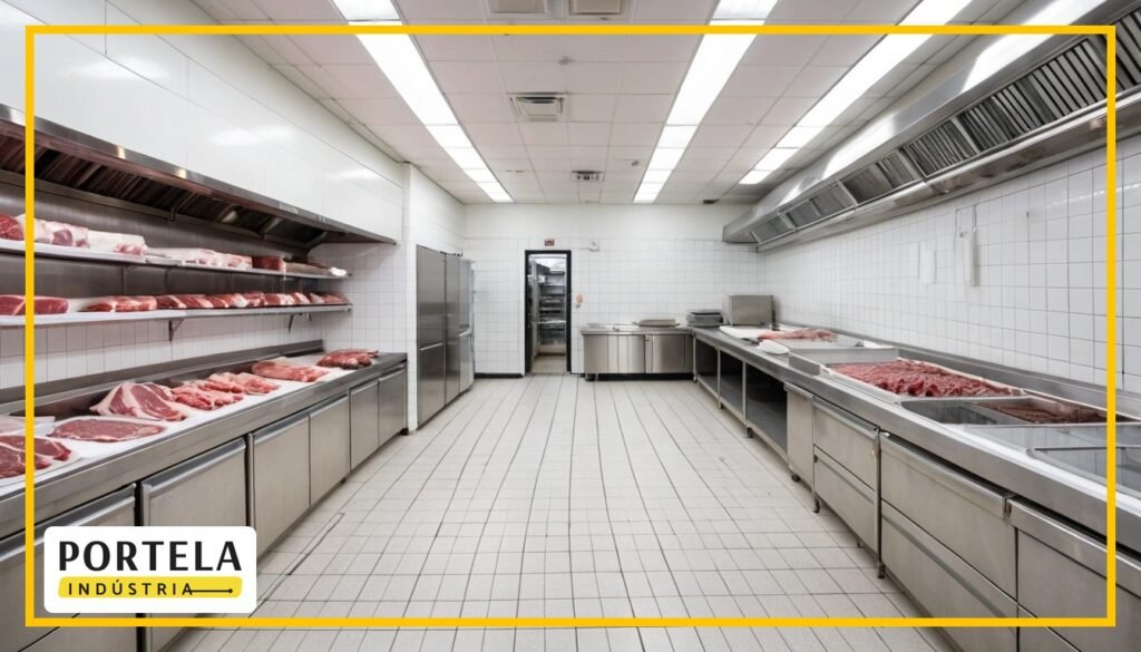 Interior de açougue organizado, com mesas de inox e balcão refrigerado, exemplo de layout de açougue com fluxo dos fundos ao balcão